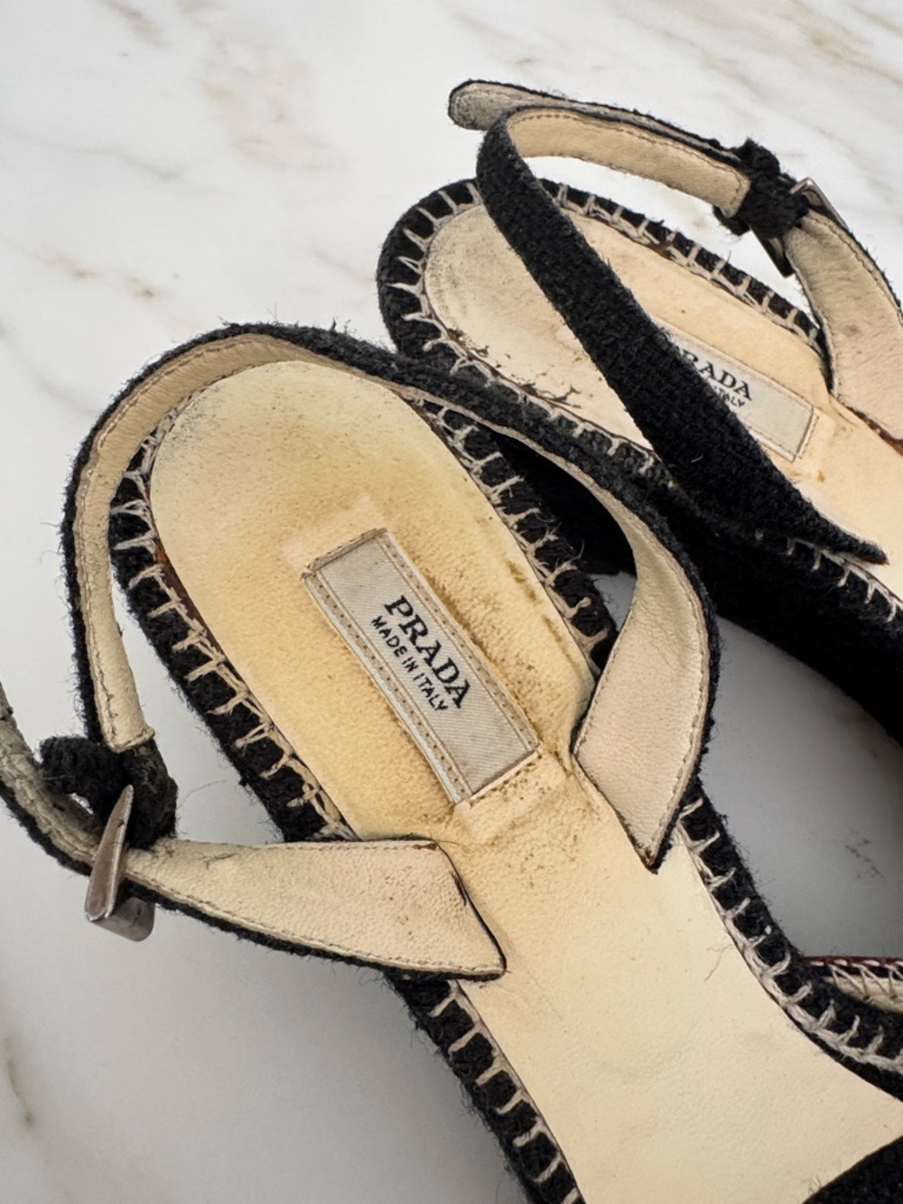 Prada Black Fabric Slingback Sandals with Cream Stitching and Bow - Picture 3 of 7